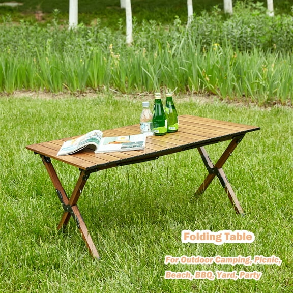 Bellemave 1-piece Folding Outdoor Table Lightweight Aluminum Coffee Table with Carrying Bag Portable Roll-up Rectangular Dining Table for Indoor, Outdoor Camping, Picnics, Beach, Patio, Brown