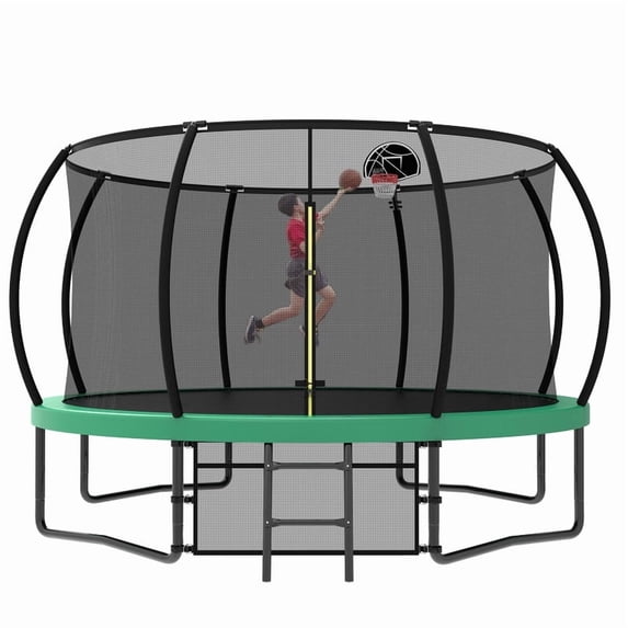Bellemave 12FT Outdoor Tranpoline with basketball Hoop, Recreational Trampoline with Enclosure Net & Ladder, Backyard Trampoline for Family, Green