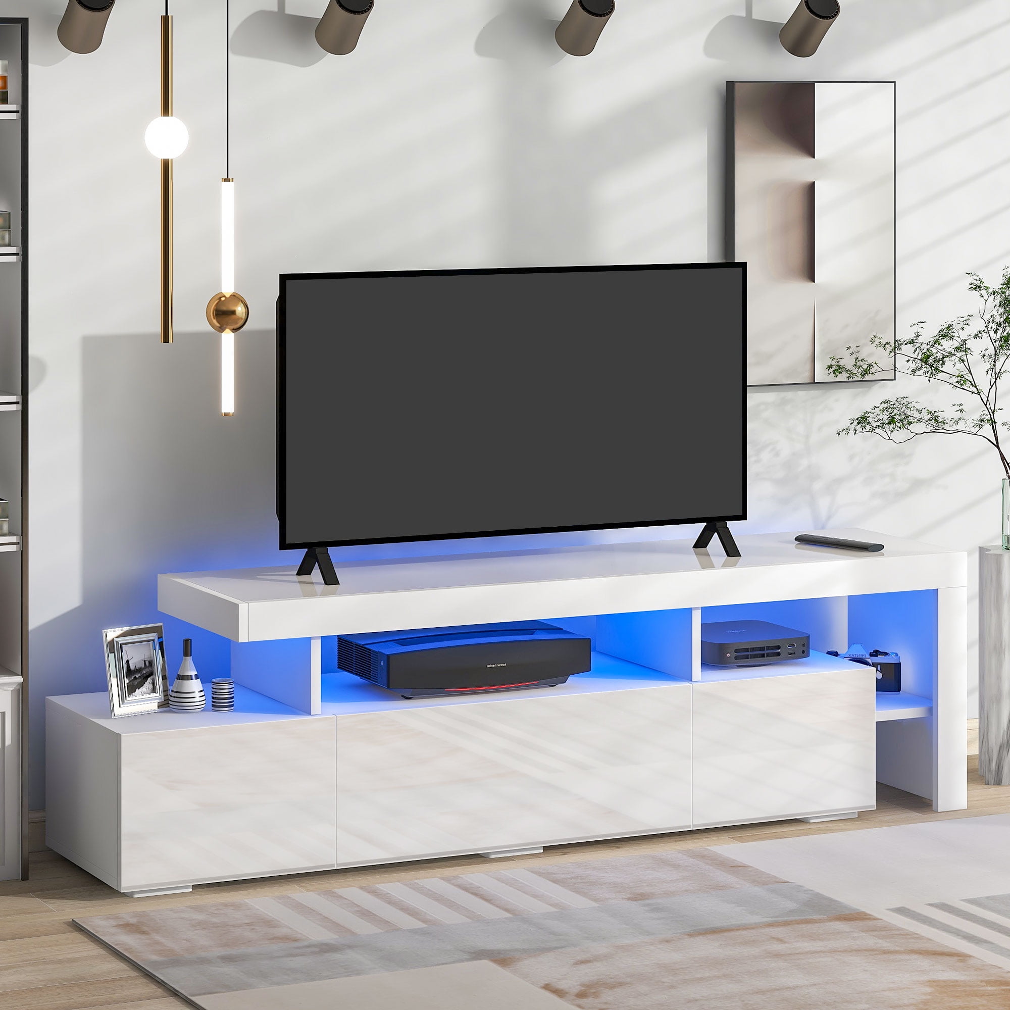 Bellemave 16 Colored LED Lights TV Stand for Up to 70 inch TV Modern Style UV High Gloss Surface Entertainment Center with DVD Shelf TV Cabinet Game