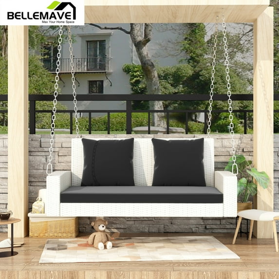 Bellemave 2-Person Outdoor PE Rattan Wicker Swing Chair Patio Hanging Porch Swing got Garden, Backyard, Balcony Swing Bench with Chains, Pillow, Cushion (White Wicker, Gray Cushion)
