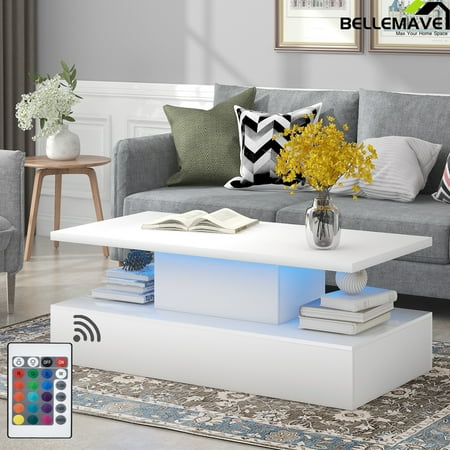 Bellemave 2-Tier LED Light Coffee Table,Modern Industrial Design Cocktail Table with 16-Color LED Lighting and a Remote Control for Living Room,Bedroom,Office,White