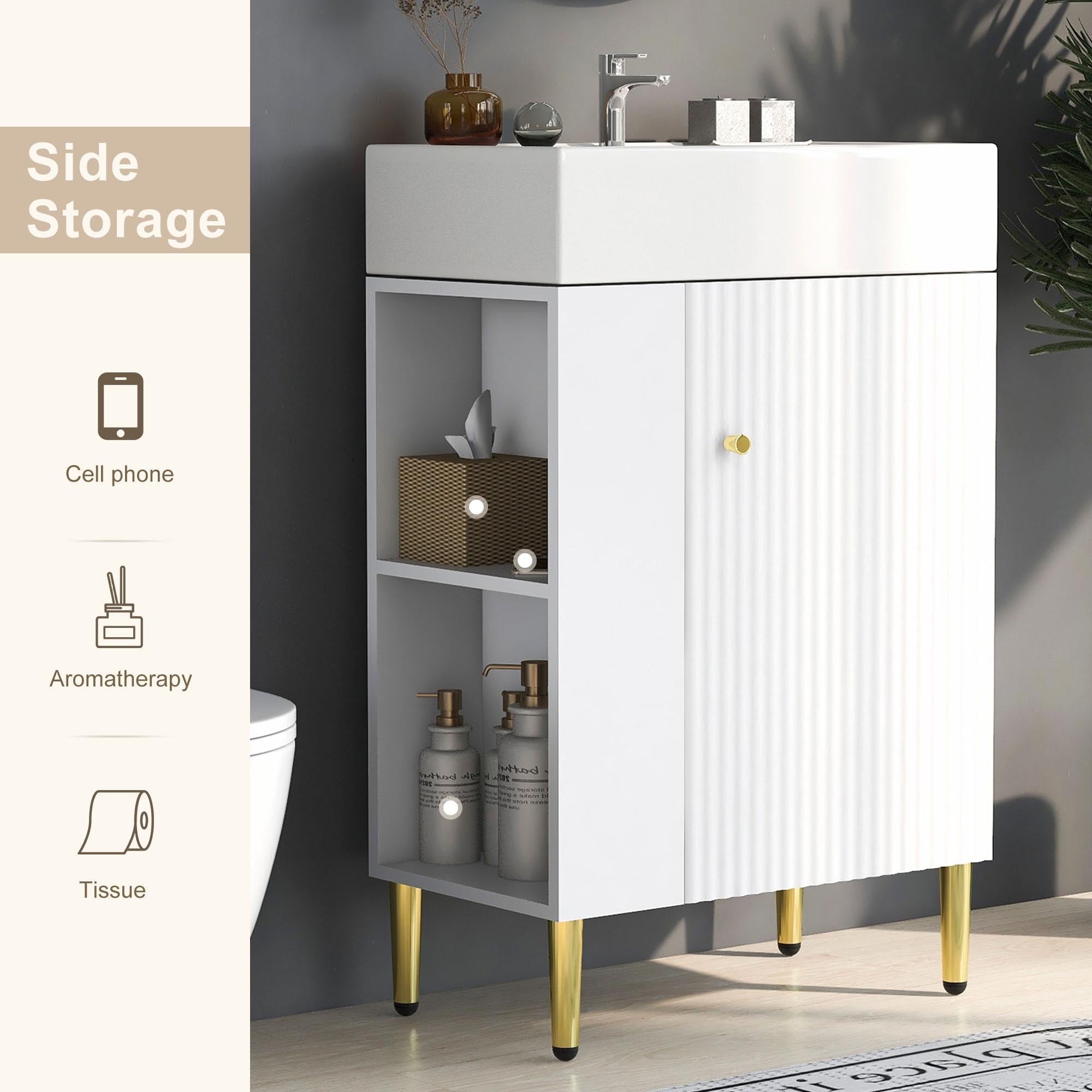White Freestanding Bathroom Vanity with Ceramic Sink and Gold Accents