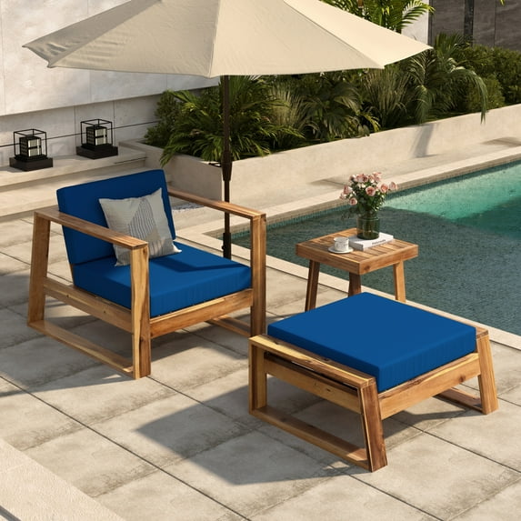 Bellemave 3-Piece Acacia Wood Outdoor Lounge Set with Side Table Patio Chair and Ottoman with Cushion Lounge Chair Set for Balcony, Garden, Yard, Blue Cushion