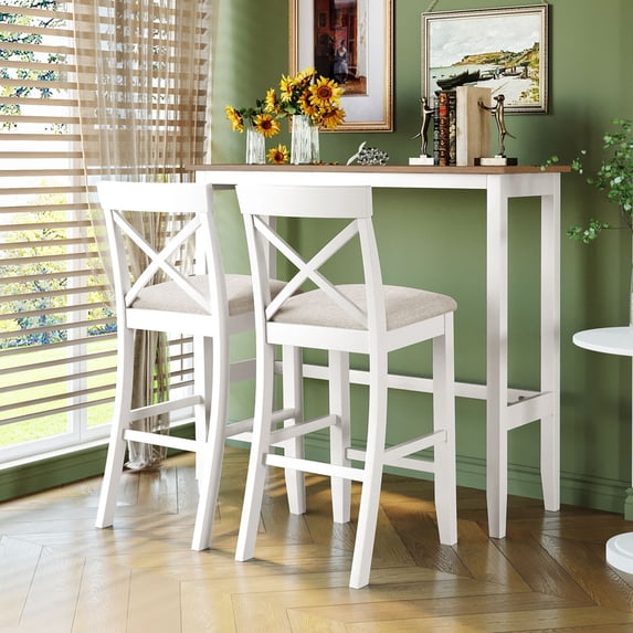 Bellemave 3 Piece Pub Table and Chair Set, Wood Bar Height Dining Set Kitchen Breakfast Nook with 2 Upholstered Chairs for Small Places, Rectangle Furniture (Gray+Beige)