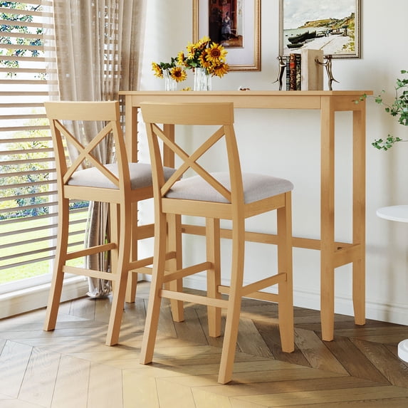 Bellemave 3 Piece Pub Table and Chair Set, Wood Bar Height Dining Set Kitchen Breakfast Nook with 2 Upholstered Chairs for Small Places, Rectangle Furniture (Natural+Beige)