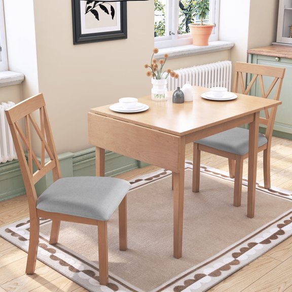 Bellemave 3 Piece Kitchen Dining Set, Wood Drop Leaf Dining Table Set for 2, Dining Table and 2 Dining Upholstered Chairs for Small Places(Natural)