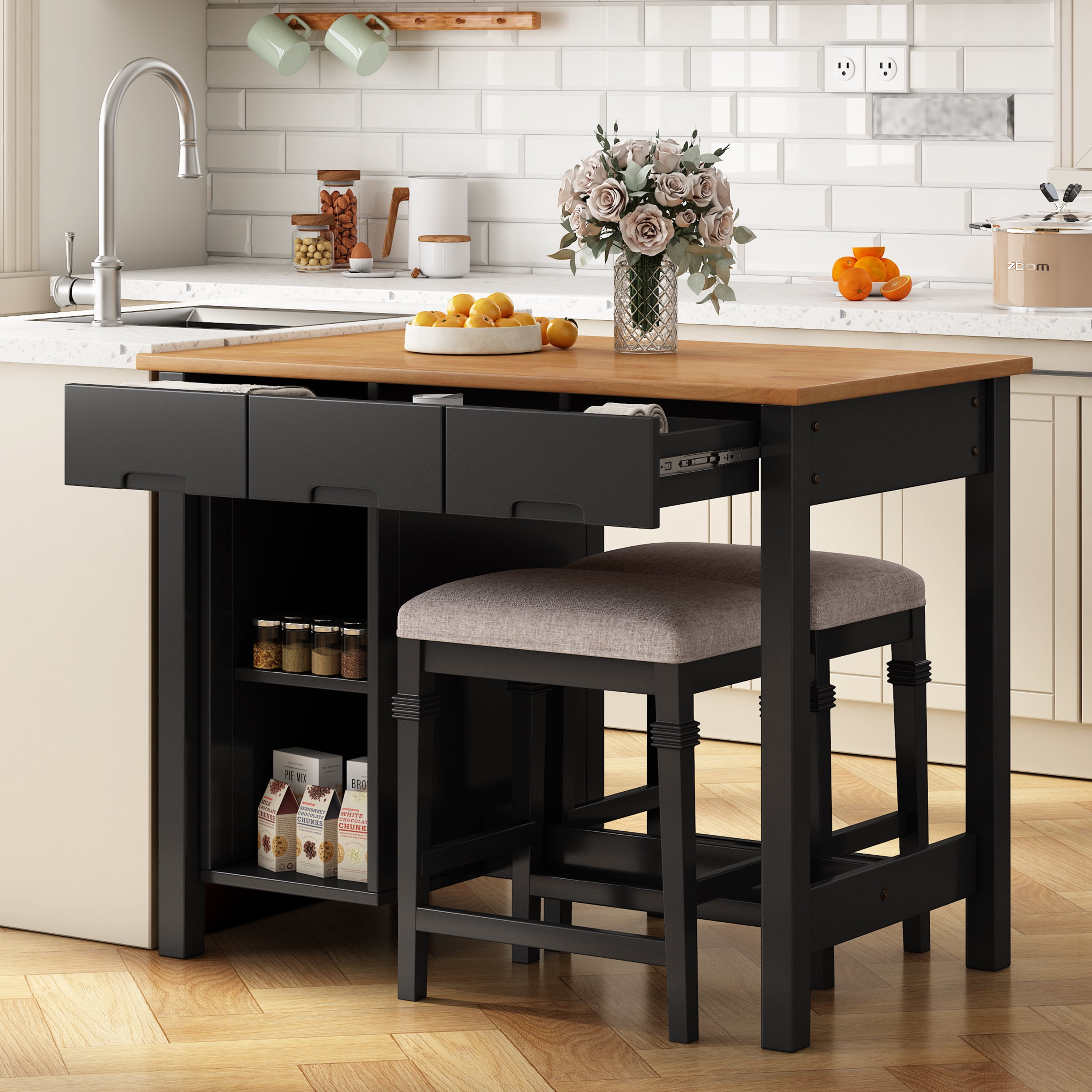 Bellemave 3-Piece Kitchen Island Set with 2 Stools, Wood Dining Table ...