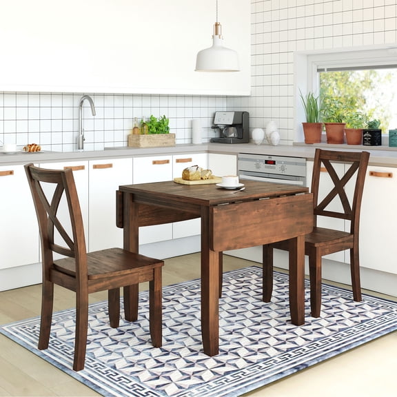 Bellemave 3-Piece Wood Drop Leaf Dining Table Set with 2 X-Back Chairs, Modern Kitchen Dinette Set for 2, Space-Saving Breakfast Nook Dining Set(Brown)