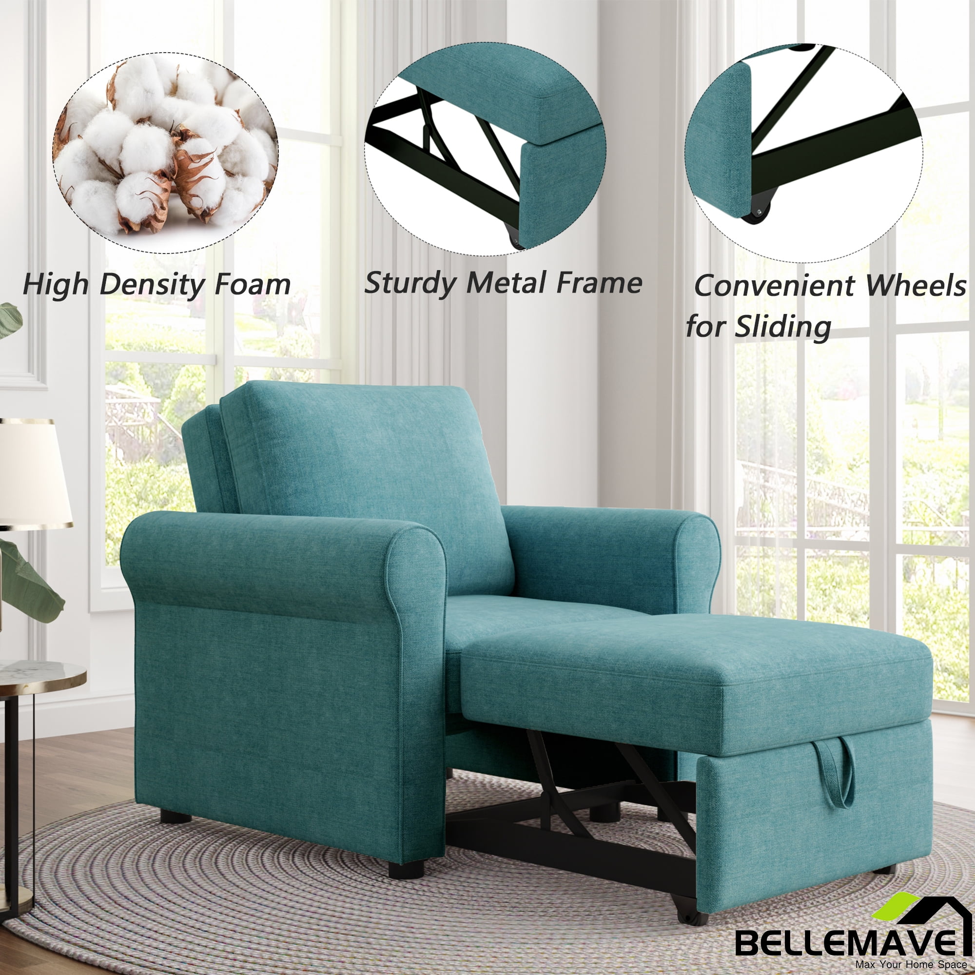 Bellemave 3 in 1 Sofa Bed Chair Convertible Sleeper Chair Bed Adjust Backrest Into a Sofa Lounger Chair Adjustable Single Armchair Sofa Bed for Small