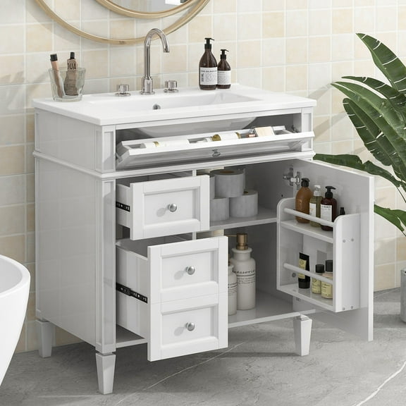 Bellemave 30" Bathroom Vanity with Single Sink Combo Set, Modern Wood Undermount Bathroom Sink Cabinet with 2 Drawers and a Tip-Out Drawer, Freestanding Bathroom Vanities（White）