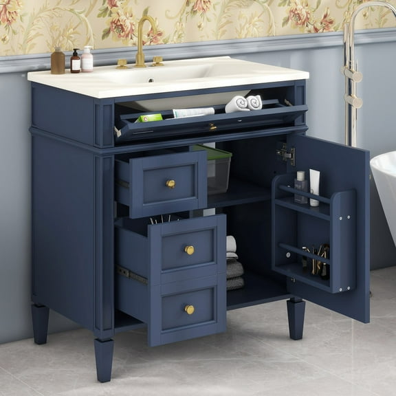 Bellemave 30" Bathroom Vanity with Single Sink Combo Set, Modern Wood Undermount Bathroom Sink Cabinet with 2 Drawers and a Tip-Out Drawer, Freestanding Bathroom Vanities（Blue）