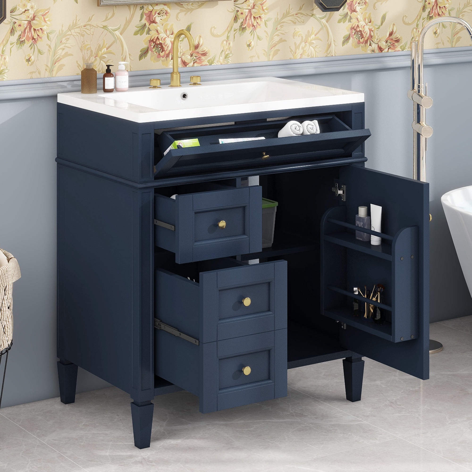 Bellemave 30" Bathroom Vanity with Single Sink Combo Set, Modern Wood Undermount Bathroom Sink Cabinet with 2 Drawers and a Tip-Out Drawer, Freestanding Bathroom Vanities（Blue）