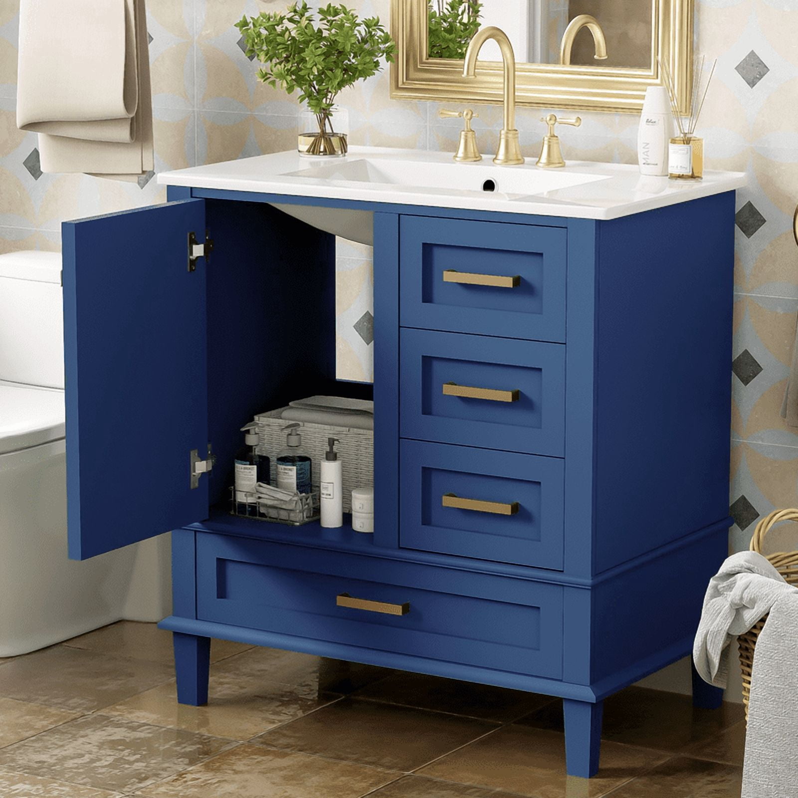 Bellemave 30" Bathroom Vanity with Sink, Cabinet with Sink Combo Set with Top, Bathroom Storage Cabinet with 3 Drawers and 1 Soft Closing Door, 30 Inch Vanity with Sink for Bathroom（Blue）