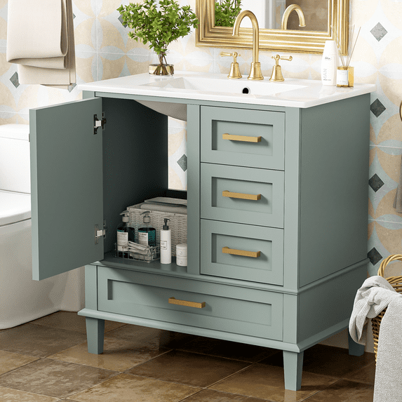 Bellemave 30" Bathroom Vanity with Sink, Cabinet with Sink Combo Set with Top, Bathroom Storage Cabinet with 3 Drawers and 1 Soft Closing Door, 30 Inch Vanity with Sink for Bathroom(Cyan)