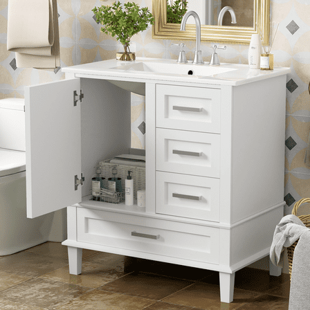 Bellemave 30" Bathroom Vanity with Sink, Cabinet with Sink Combo Set with Top, Bathroom Storage Cabinet with 3 Drawers and 1 Soft Closing Door, 30 Inch Vanity with Sink for Bathroom（White）