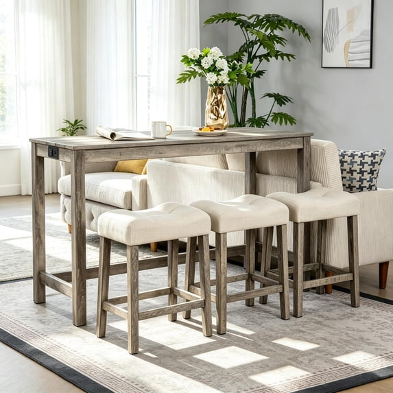 Bellemave 4-Piece Bar Table Set with Upholstered Stools, Console Table with Power Outlets, Solid Wood Counter Height Dining Table Set for Living Room , Brown