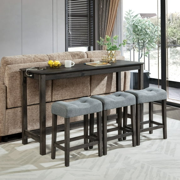 Bellemave 4-Piece Bar Table Set with Upholstered Stools Console Table with Power Outlets Dining Bar Table and Chairs Set for Dining Room, Living Room , Dark Gray- Style A