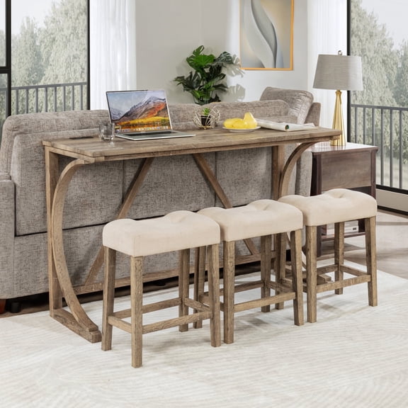 Bellemave 4-Piece Bar Table Set with Upholstered Stools Console Table with Power Outlets Kitchen Dining Table Dining Bar Table and Chairs Set for Dining Room, Living Room , Brown - Style B