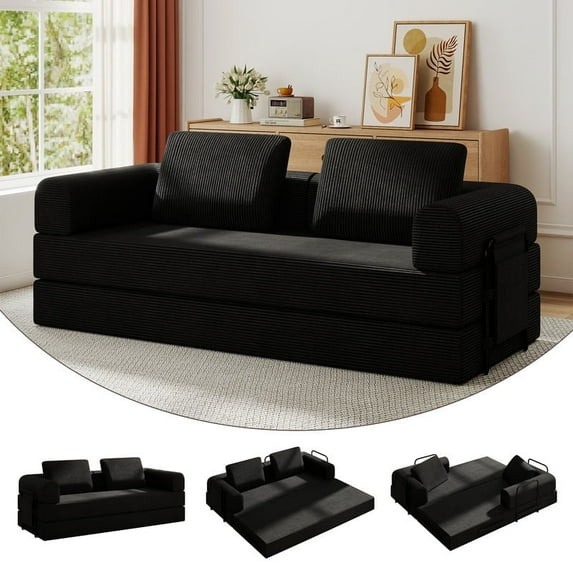 Bellemave 4-in-1 Folding Convertible Sofa Bed,Boneless Couch with Fixed-Shape Frame, Corduroy Loveseat Sleeper with Pull Out Bed, Floor Sofa Modular Futon Couch for Living Room Bedroom Lounge (Black)
