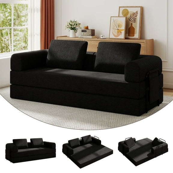 Bellemave 4-in-1 Folding Convertible Sofa Bed,Boneless Couch with Fixed-Shape Frame, Corduroy Loveseat Sleeper with Pull Out Bed, Floor Sofa Modular Futon Couch for Living Room Bedroom Lounge (Black)