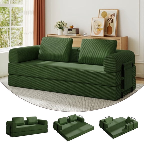 Bellemave 4-in-1 Folding Convertible Sofa Bed,Boneless Couch with Fixed-Shape Frame,Corduroy Loveseat Sleeper with Pull Out Bed,Floor Sofa Modular Futon Couch for Living Room Bedroom Lounge (Jade)