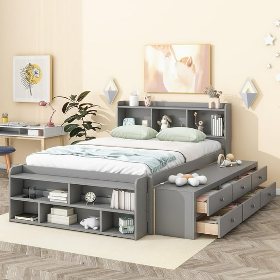 Bellemave Full Storge Bed Frame with Bookcase Headboard, Wood Platform Bed with 6 Drawers and End Storage Case, Full Size Bed Frame for Teens Adults (Gray)