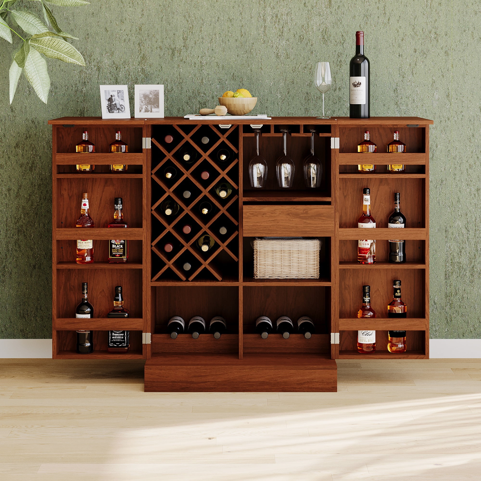 Free Shipping BENTISM Industrial Bar Cabinet Wine Bar Table with Glass Holder for Liquor Glass Walmart
