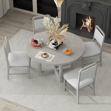 Bellemave 5 Piece Dining Table Set, Wood Round Dining Table and 4 Upholstered Chairs, Retro Dining Room Set for 4 People, Living Room Dining Room Furniture (Gray Wash)