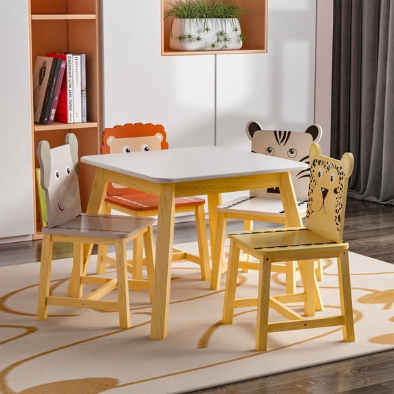 Bellemave Kids Cartoon Animal 5-Piece Multifunctional Activity Table and Chair Set, White