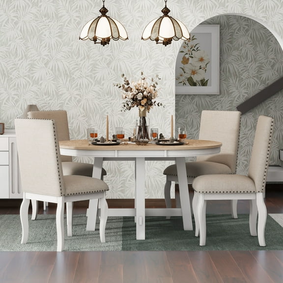 Bellemave 5-Piece Round Dining Table Set, Wood Farmhouse Extendable Dining Table and 4 Upholstered Dining Chairs, Kitchen Dining Table Set for 4 （Antique White）
