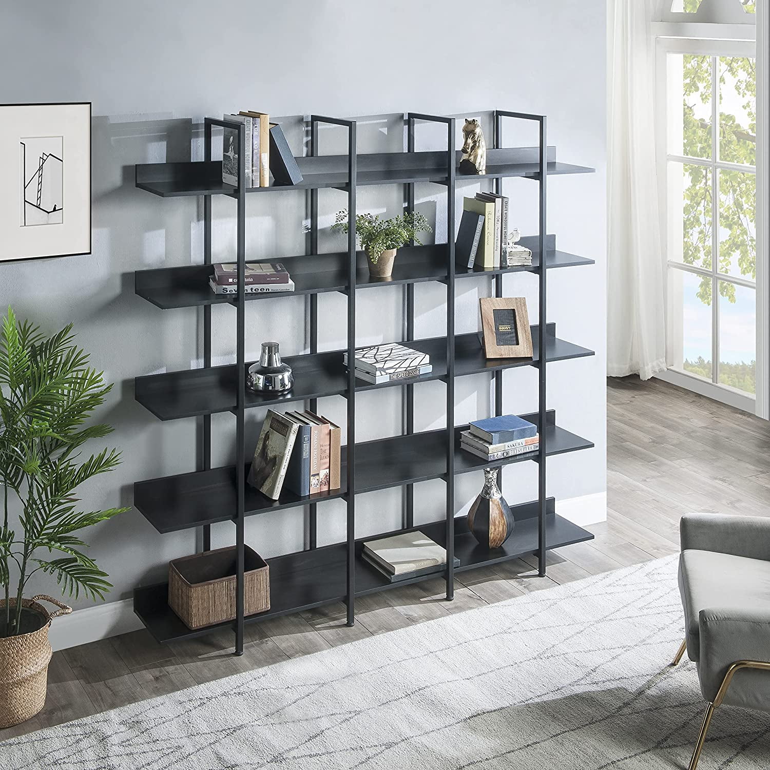 Bellemave 5 Tier Industrial Bookshelf,Tall Double Wide Bookcase Large