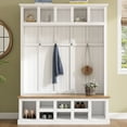 thumbnail image 1 of Bellemave 59"W Farmhouse Hall Tree with Storage Shelves and Shoes Rack Multi-functional Coat Rack with Hooks Entryway Shoes Storage Seating Bench Coat Hanger for Hallway (Black, With Shoes Rack), 1 of 10