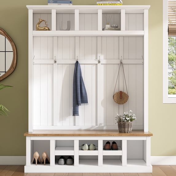 Bellemave 59"W Farmhouse Hall Tree with Storage Shelves and Shoes Rack Multi-functional Coat Rack with Hooks Entryway Shoes Storage Seating Bench Coat Hanger for Hallway (Black, With Shoes Rack)