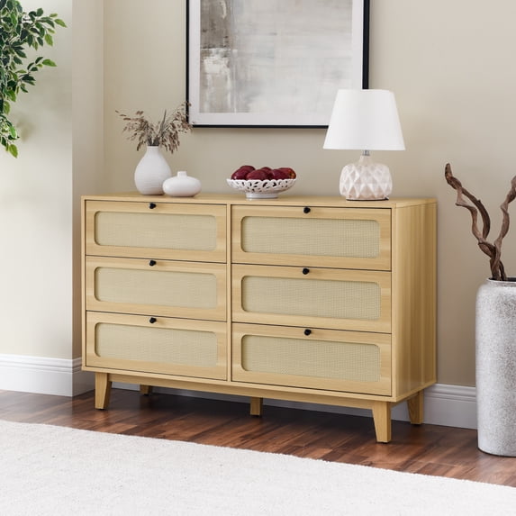 Bellemave 6 Drawer Rattan Dresser, Modern Wood Chest with 6 Drawers ...