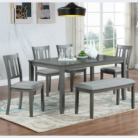 Bellemave 6-Piece Dining Set for Kitchen Dining Table and Upholstered Chair Sets for 6 People Wooden Dining Furniture Set (Gray)