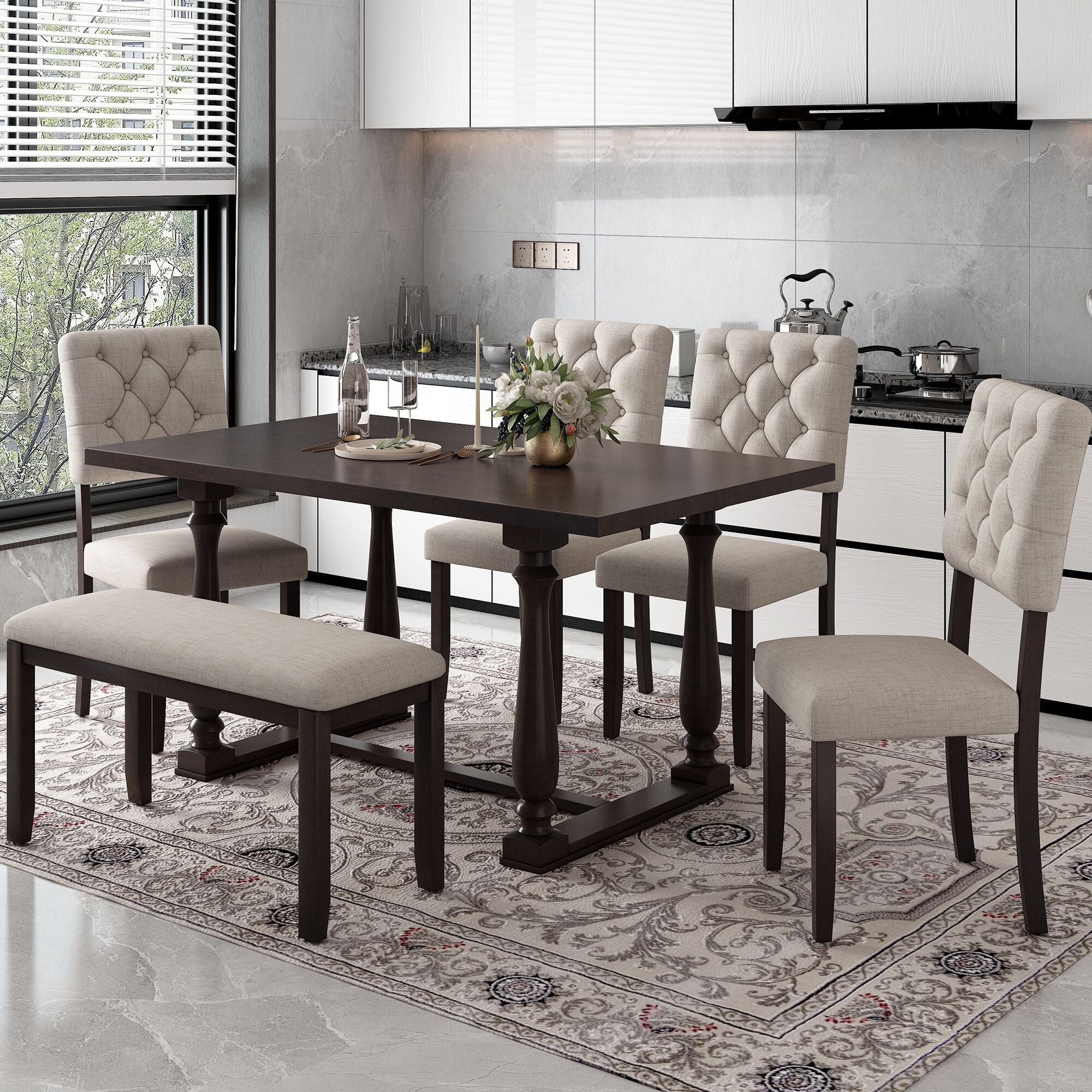 Bellemave 6 Piece Dining Table Chair Set Kitchen Dining Table Set with Wooden Rectangle Table 4 Upholstered Chairs an Upholstered Bench Espresso