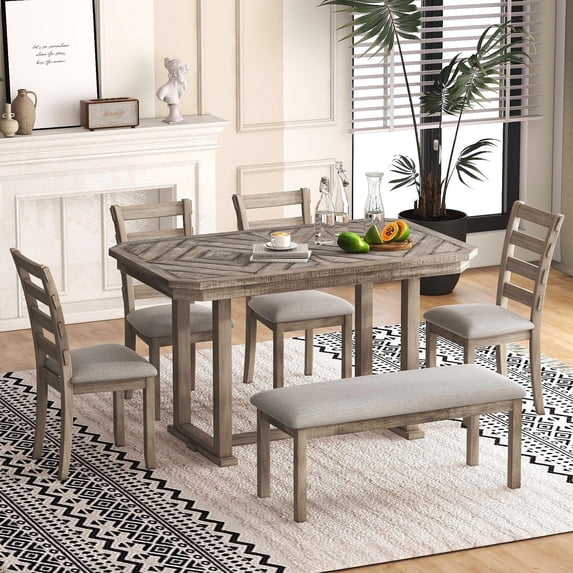 Bellemave 6-Piece Dining Table Set, Rubber Wood Rectangular Kitchen Table Set for 6, Farmhouse Dining Table Set with 4 Upholstered Chairs and Bench (Gray)