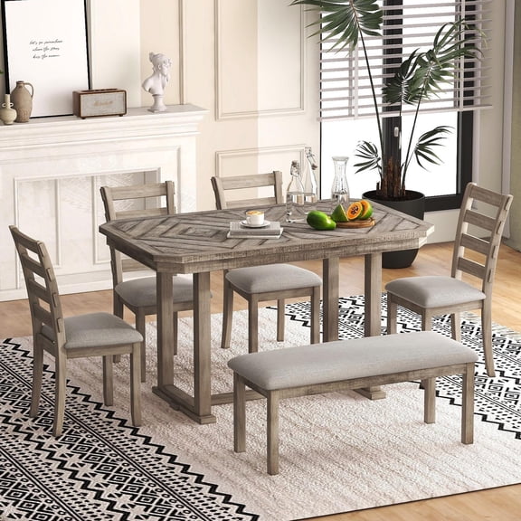 Bellemave 6-Piece Dining Table Set, Rubber Wood Rectangular Kitchen Table Set for 6, Farmhouse Dining Table Set with 4 Upholstered Chairs and Bench (Gray)