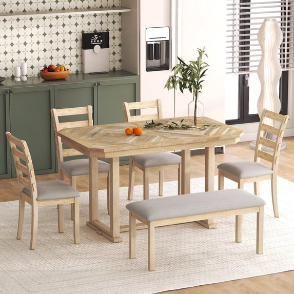 Bellemave 6-Piece Dining Table Set, Rubber Wood Rectangular Kitchen Table Set for 6, Farmhouse Dining Table Set with 4 Upholstered Chairs and Bench (Natural Wood Wash)