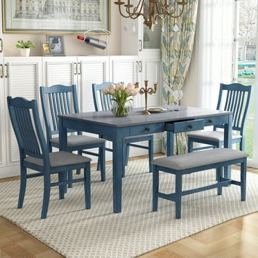 Bellemave 6-Piece Dining Table Set with Storage Drawer, Wood Mid-Century Kitchen Table Set with 4 Upholstered Chairs and Bench, Table Sets for Kitchen Dining Room (Antique Blue)