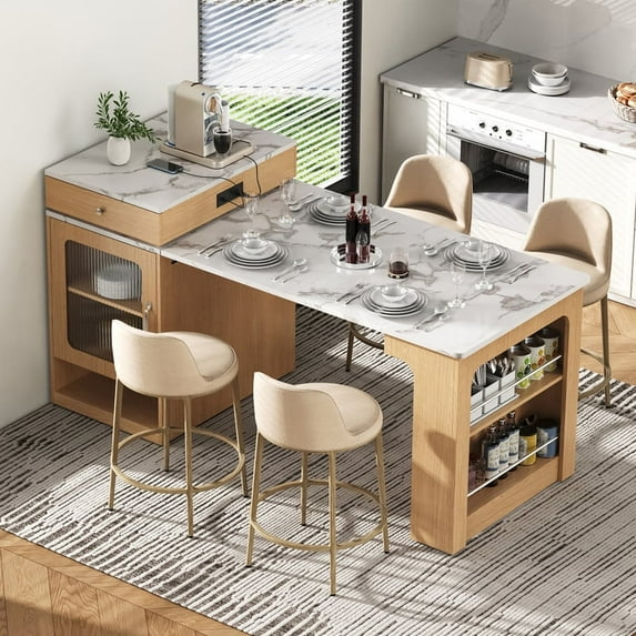 Bellemave 60" Kitchen Island with Extendable Dining Table and Power Outlet, Mobile Kitchen Storage Islands with 2 Storage Drawers, Rolling Islands Cart with Extra Rows Open Shelves(Natural)
