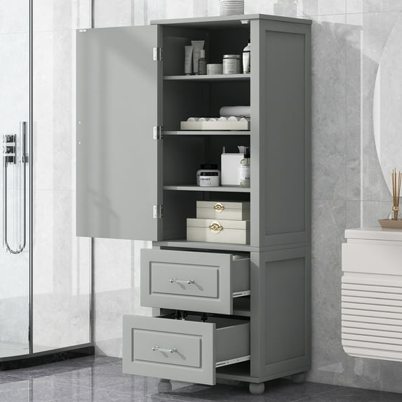 Bellemave 61.4”H Tall Bathroom Storage Cabinet Freestanding Storage Cabinet with 2 Drawers and 1 Door Wooden Floor Cabinet with Adjustable Shelves for Home, Kitchen, Living Room, Gray
