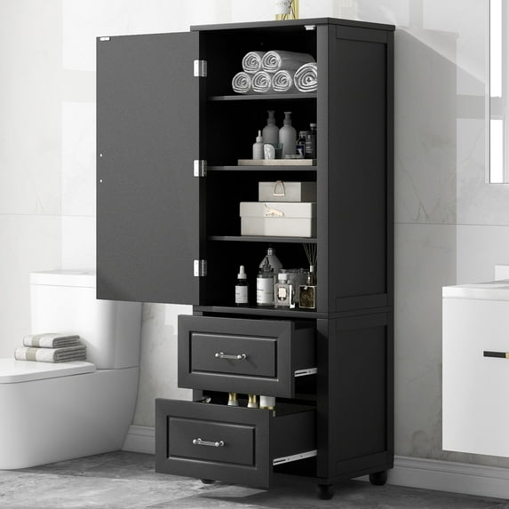 Bellemave 61.4”H Tall Bathroom Storage Cabinet Freestanding Storage Cabinet with 2 Drawers and 1 Door Wooden Floor Cabinet with Adjustable Shelves for Home, Kitchen, Living Room, Black