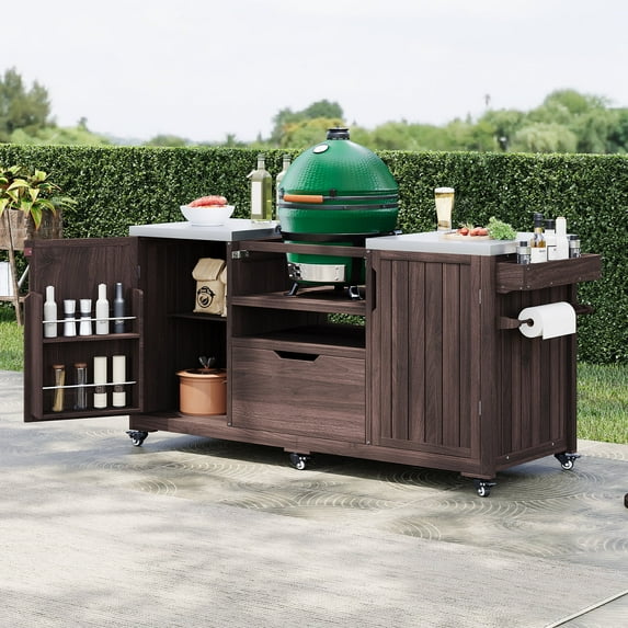 Bellemave 66.5" Outdoor Serving Cart Kitchen Island Rolling Bar Cart with Wheels, Drawer and Rack Solid Wood Outdoor Grill Cart for Tabletop Grill with Stainless Steel Top, Dark Brown + Style 2