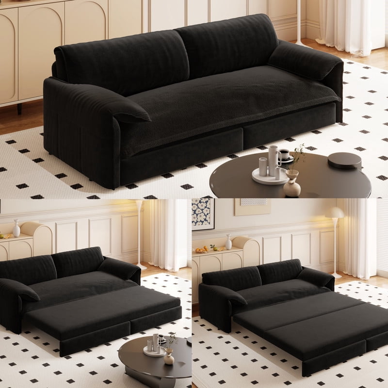 Bellemave 66" Queen Pull Out Sofa Bed, Convertible Velvet Sleeper Sofa Bed, 3-in-1 Pull-Out Futon Loveseat with Side Pocket for Living Room, Office, Apartment, Hide Bed Fold Out Sofa&Couch (Black)