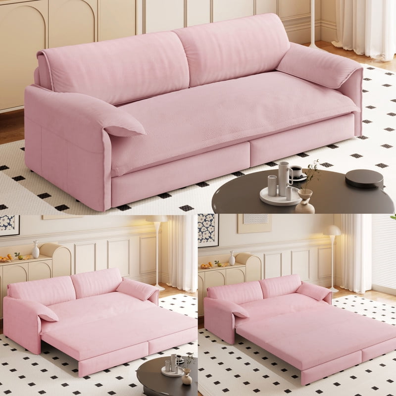 Bellemave 66" Queen Pull Out Sofa Bed, Convertible Velvet Sleeper Sofa Bed, 3-in-1 Pull-Out Futon Loveseat with Side Pocket for Living Room, Office, Apartment, Hide Bed Fold Out Sofa&Couch (Pink)