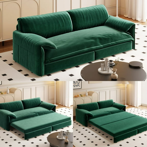 Bellemave 66" Queen Pull Out Sofa Bed, Convertible Velvet Sleeper Sofa Bed, 3-in-1 Pull-Out Futon Loveseat with Side Pocket for Living Room, Office, Apartment, Hide Bed Fold Out Sofa&Couch (Green)