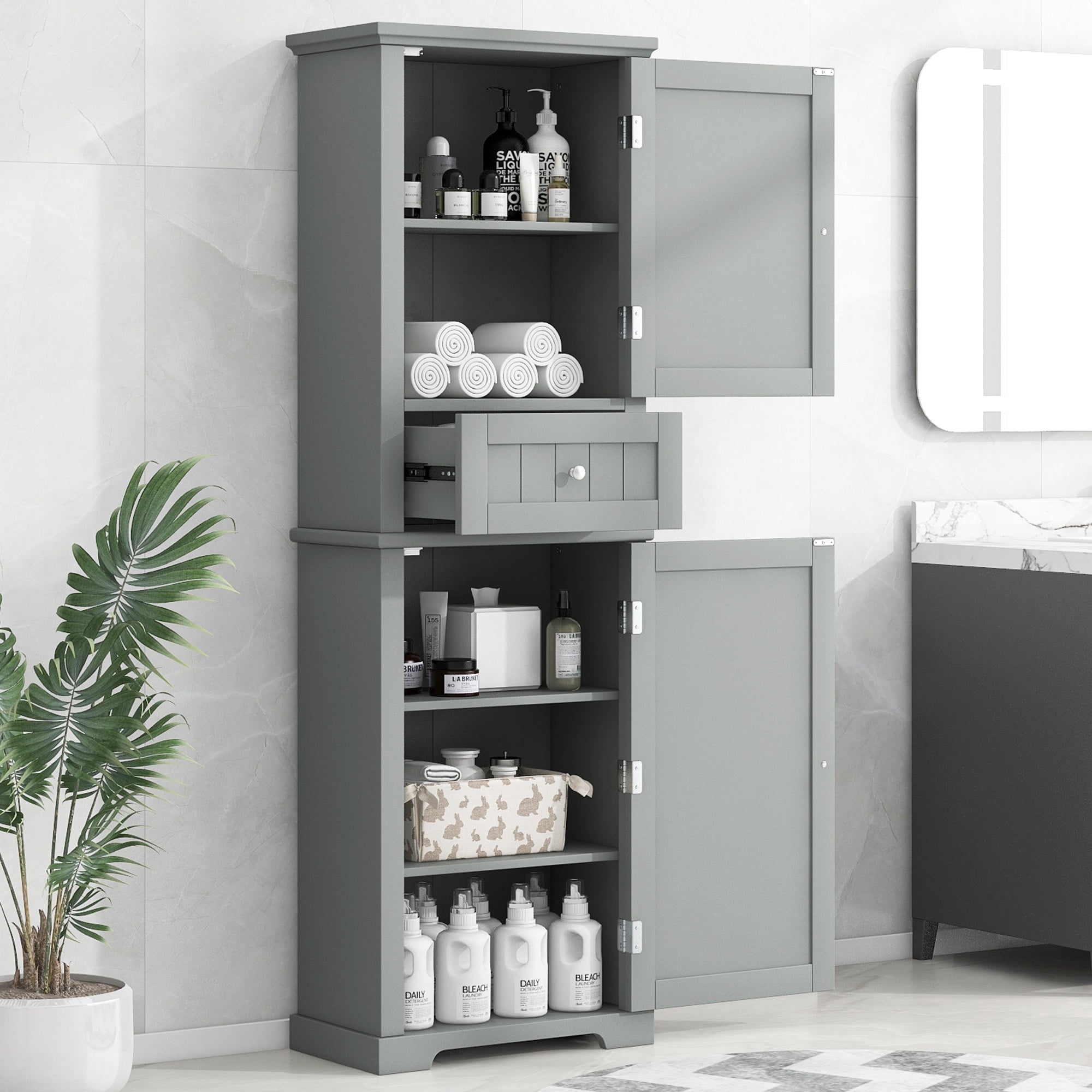 Bellemave 67.3”H Tall Bathroom Storage Cabinet Freestanding Storage Cabinet with 1 Drawer and 2 Doors Wooden Floor Cabinet with Adjustable Shelves for Home, Kitchen, Living Room, Gray