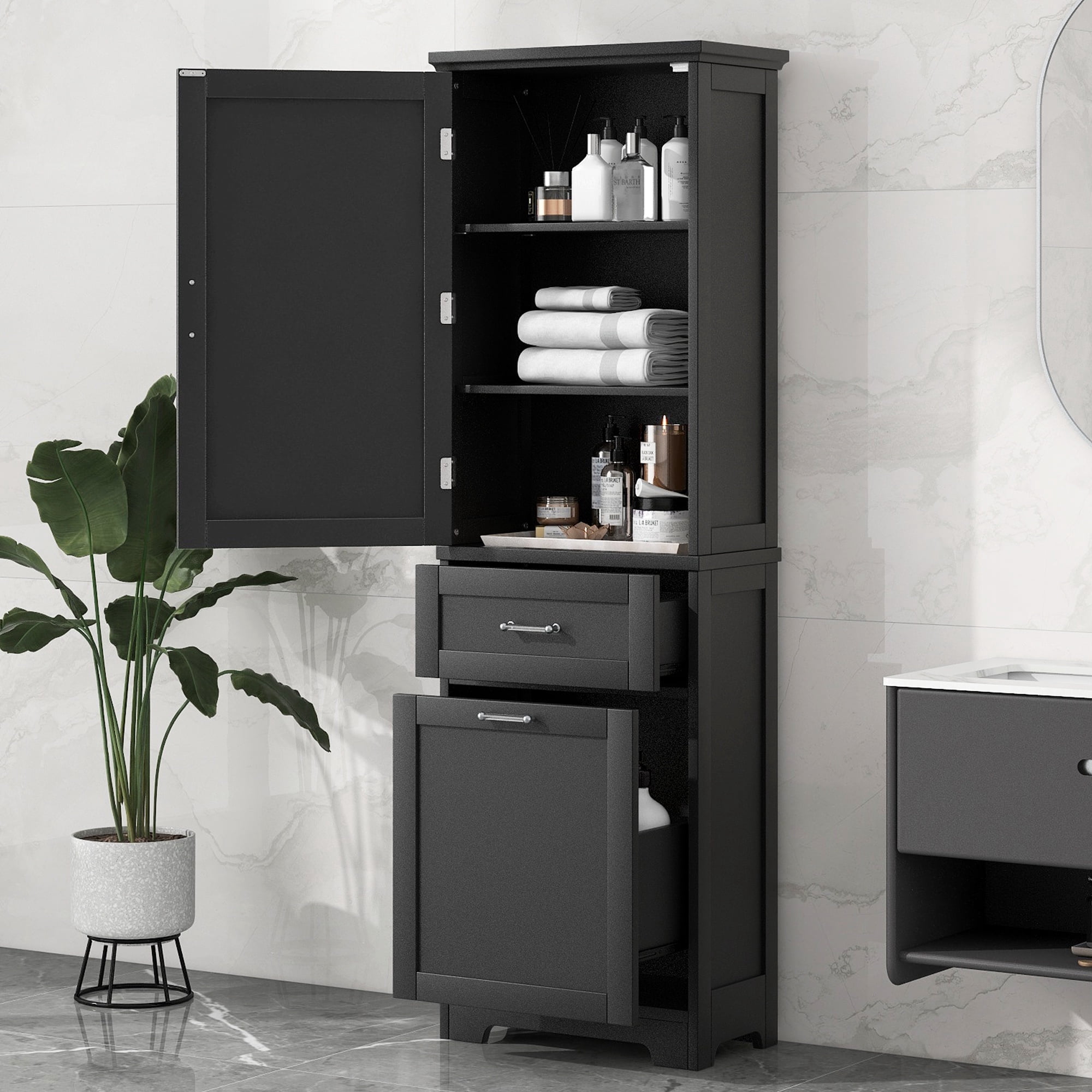 Bellemave 68.1”H Tall Bathroom Storage Cabinet Freestanding Storage Cabinet with 2 Different Size Drawers and 1 Door Wooden Floor Cabinet with Adjustable Shelves for Home, Kitchen, Black