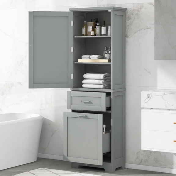 Bellemave 68.1”H Tall Bathroom Storage Cabinet Freestanding Storage Cabinet with 2 Different Size Drawers and 1 Door Wooden Floor Cabinet with Adjustable Shelves for Home, Kitchen, Gray